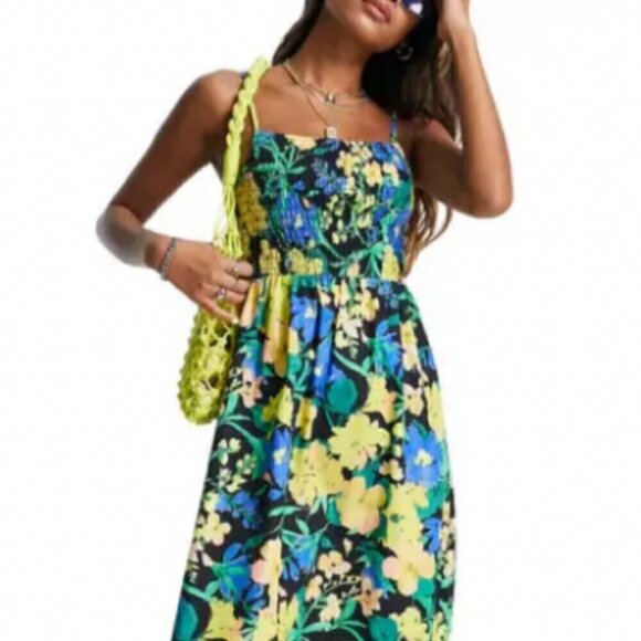 Top Shop Womens Tropical Floral Midi Dress Smocked Spaghetti Strap Multicolor S - Picture 4 of 6